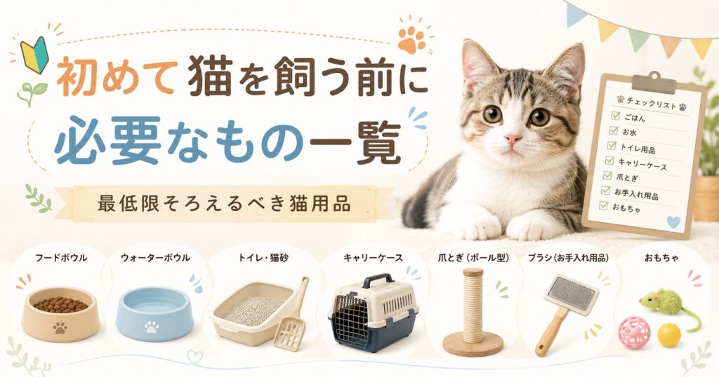 初めて猫を飼う前に必要なもの一覧を紹介する記事のアイキャッチ画像。子猫、チェックリスト、フードボウル、水入れ、トイレと猫砂、キャリーケース、爪とぎ、ブラシ、おもちゃを配置