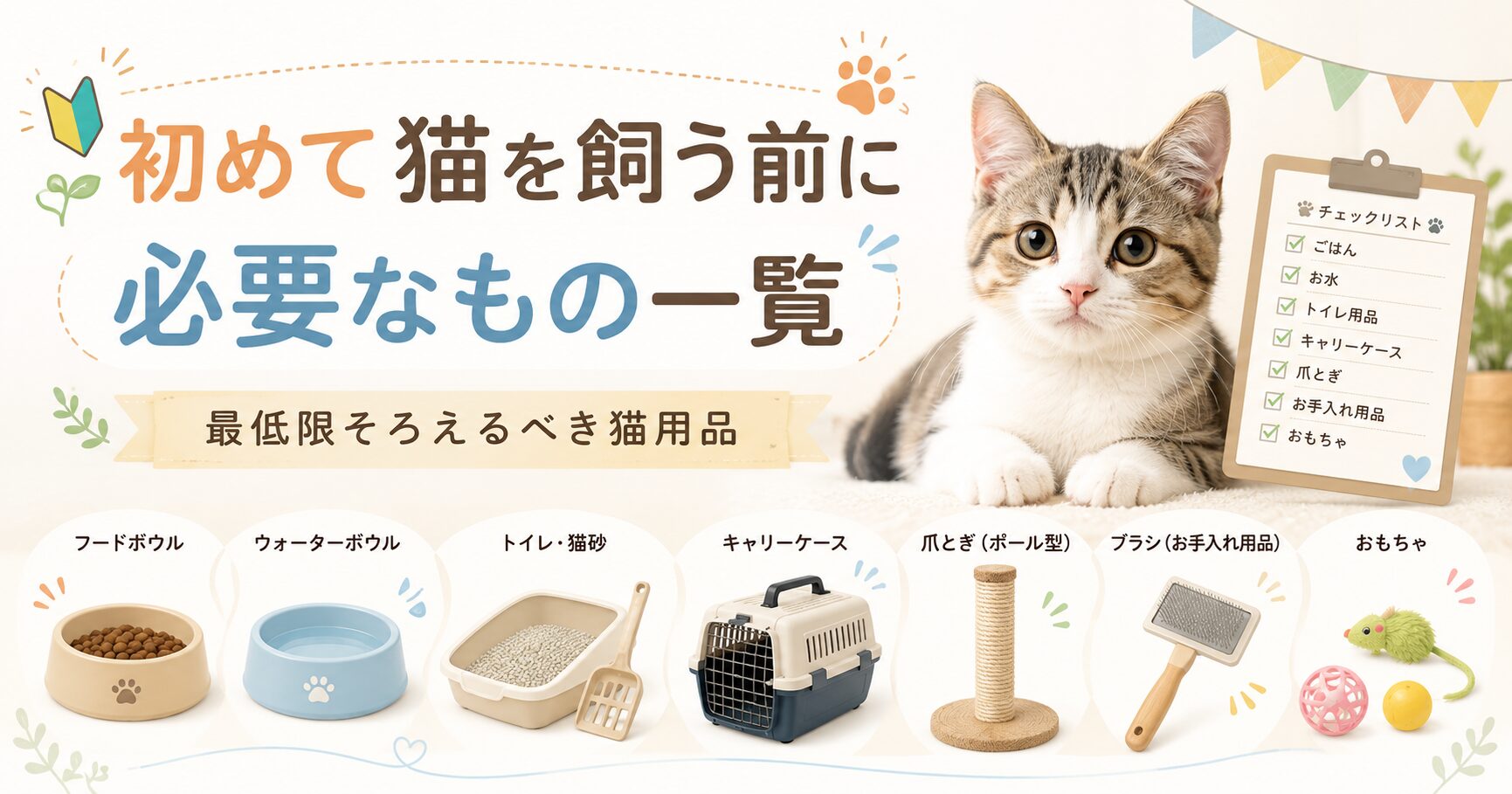 初めて猫を飼う前に必要なもの一覧を紹介する記事のアイキャッチ画像。子猫、チェックリスト、フードボウル、水入れ、トイレと猫砂、キャリーケース、爪とぎ、ブラシ、おもちゃを配置
