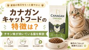 カナガンキャットフードの特徴やチキン味が向いている猫を解説する記事のアイキャッチ画像。猫、カナガンのフード袋、フードボウル、チキン由来や原材料、品質を示すアイコンを配置