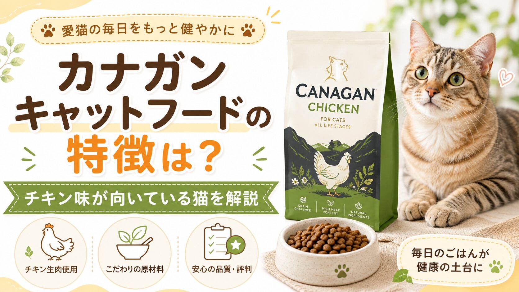 カナガンキャットフードの特徴やチキン味が向いている猫を解説する記事のアイキャッチ画像。猫、カナガンのフード袋、フードボウル、チキン由来や原材料、品質を示すアイコンを配置