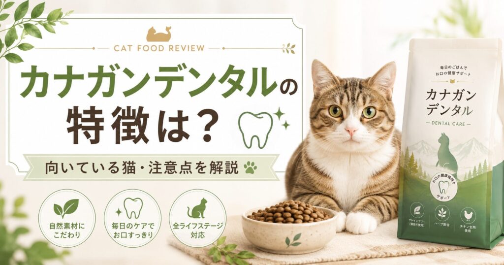 カナガンデンタルキャットフードの特徴や向いている猫、注意点を解説する記事のアイキャッチ画像。猫、キャットフードの袋、フードボウル、歯のアイコンを配置