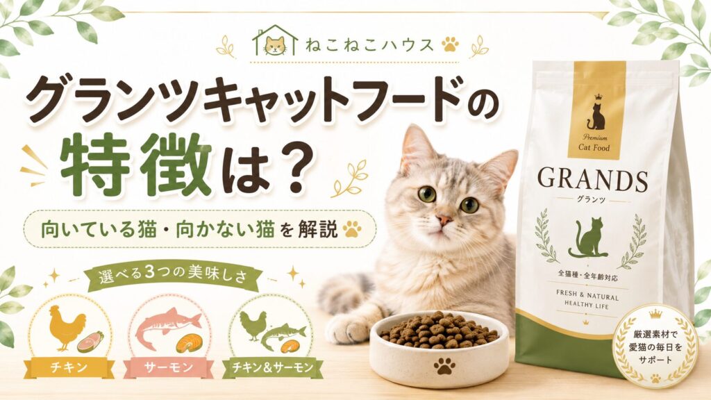 グランツキャットフードの特徴や向いている猫・向かない猫を解説する記事のアイキャッチ画像。猫、キャットフードの袋、フードボウル、3種類の味を配置