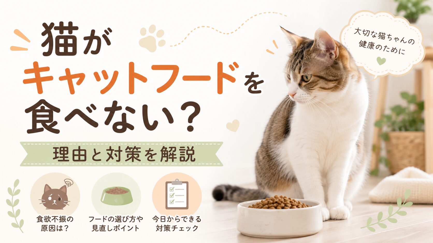 猫がキャットフードを食べない理由と対策を解説する記事のアイキャッチ画像。フードを前に顔をそらす猫と、食器、対策チェックのイラストを配置