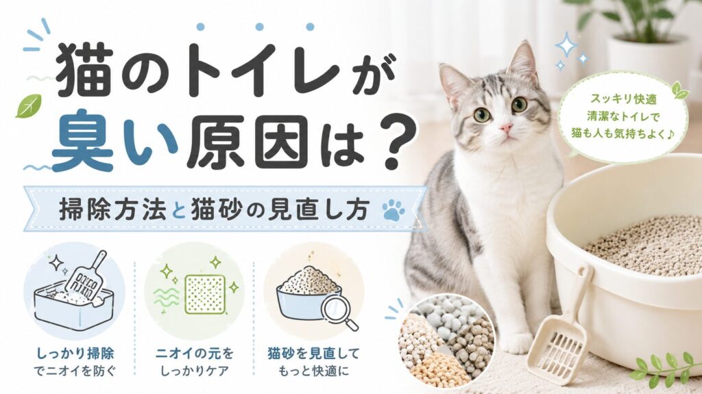 猫のトイレが臭い原因と対策を解説する記事のアイキャッチ画像。猫、猫用トイレ、猫砂スコップ、掃除方法、猫砂の見直しポイントを配置