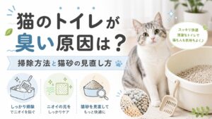 猫のトイレが臭い原因と対策を解説する記事のアイキャッチ画像。猫、猫用トイレ、猫砂スコップ、掃除方法、猫砂の見直しポイントを配置