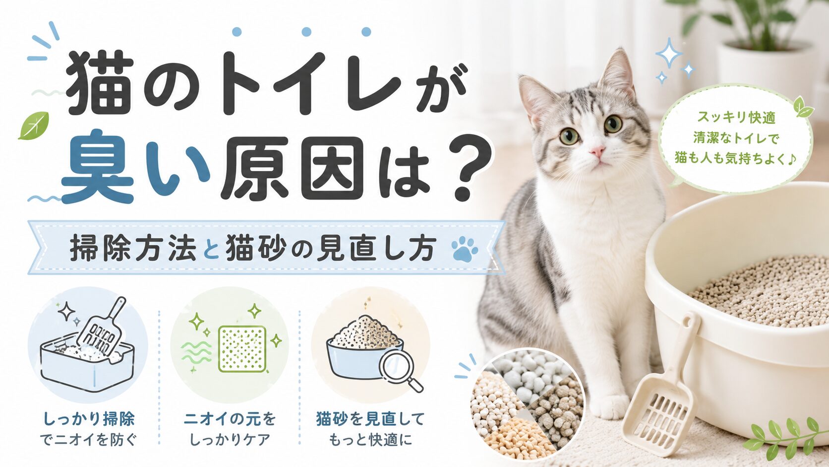 猫のトイレが臭い原因と対策を解説する記事のアイキャッチ画像。猫、猫用トイレ、猫砂スコップ、掃除方法、猫砂の見直しポイントを配置