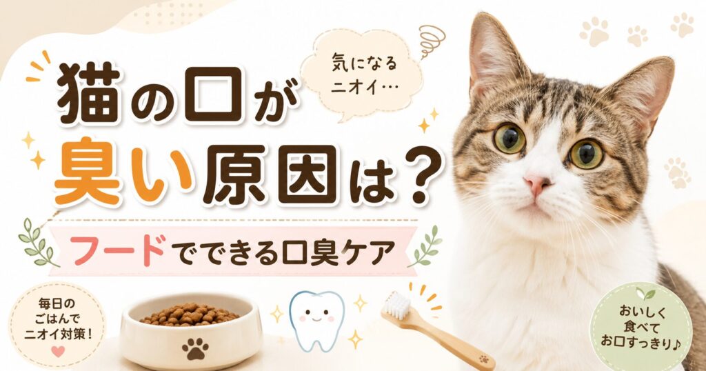 猫の口臭の原因とフードでできる口臭ケアを解説する記事のアイキャッチ画像。猫、キャットフード、歯のイラスト、猫用歯ブラシを配置