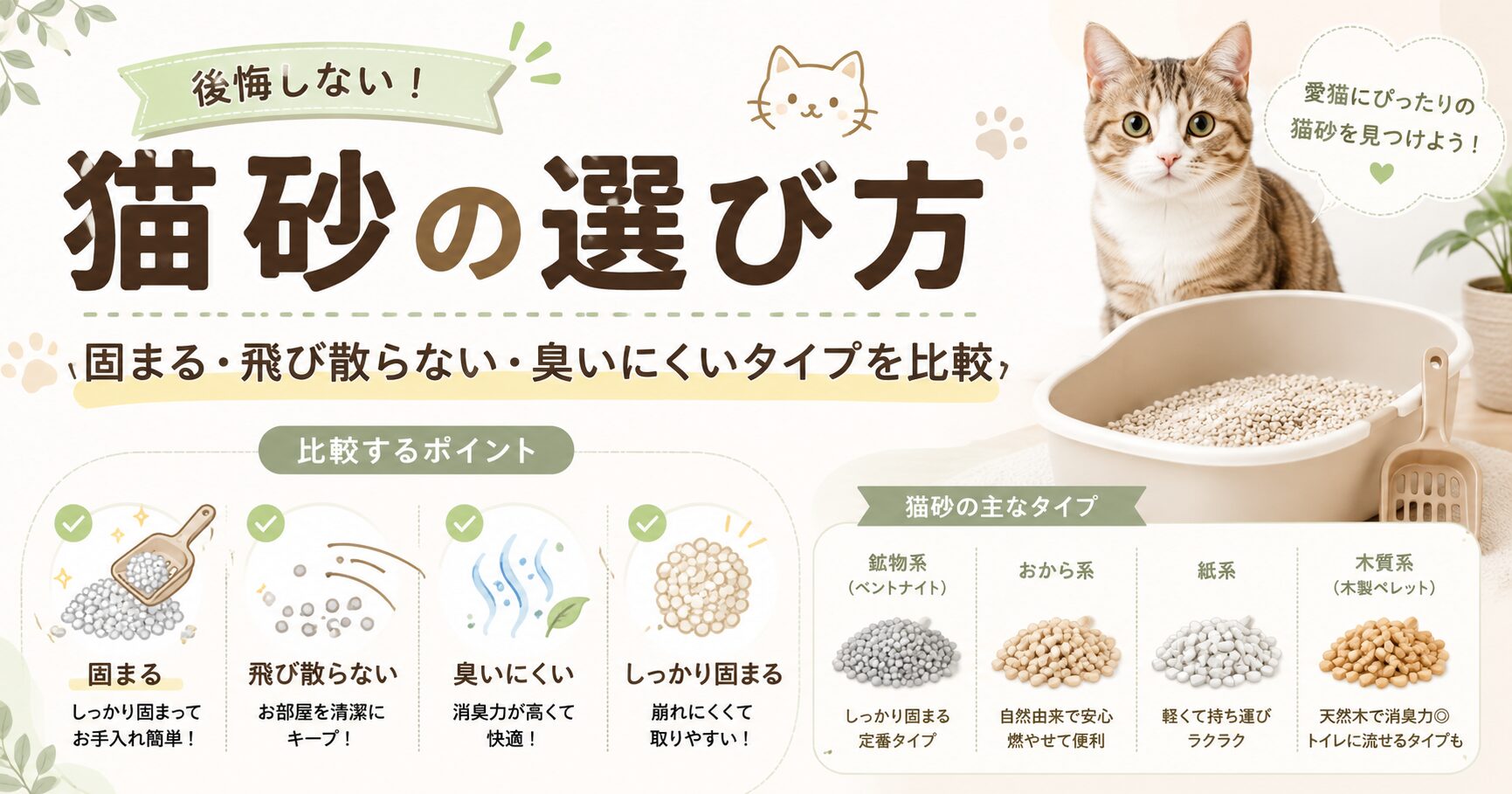 猫砂の選び方を解説する記事のアイキャッチ画像。猫、猫用トイレ、猫砂スコップ、固まる・飛び散らない・臭いにくい比較ポイントと猫砂の種類を配置